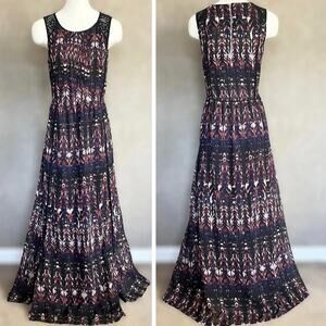 H&M Abstract Bohemian Pleated Maxi Dress Black Lace Trim Red Blue White Print 10